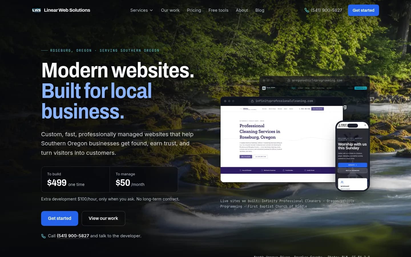 Linear Web Solutions homepage: "Modern websites. Built for local business." with pricing and examples of client sites