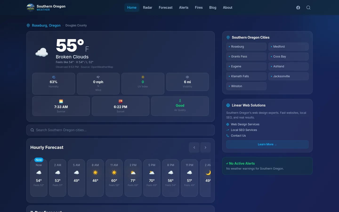 Southern Oregon Weather homepage showing current conditions for Roseburg, an hourly forecast, and links to other Southern Oregon cities